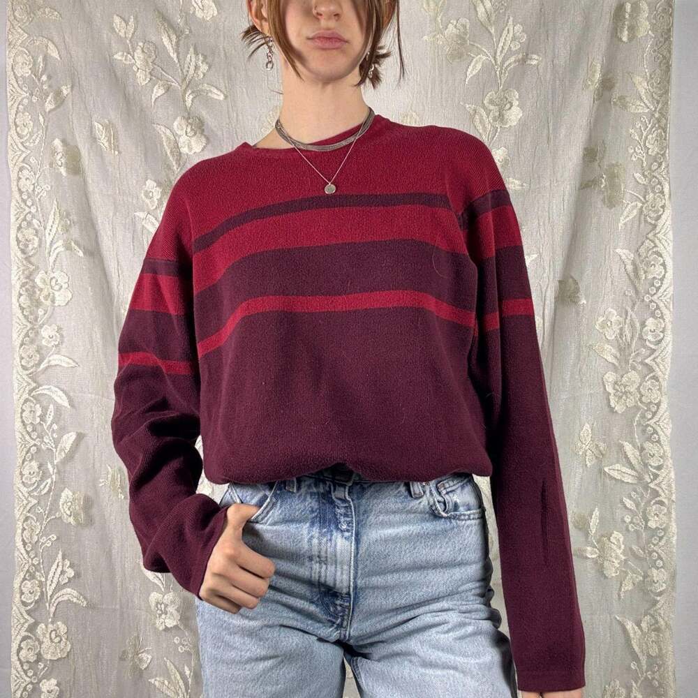 Vintage Eddie Bauer Burgundy Red Striped Long Sleeve Knit Sweater - Size M